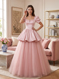 Blushing Pink Satin and Tulle A-Line Square Neck Lace-up Floor-Length Dress