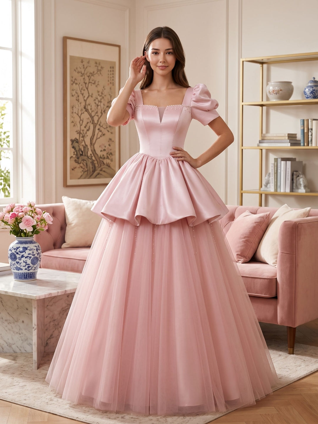 Blushing Pink Satin and Tulle A-Line Square Neck Lace-up Floor-Length Dress