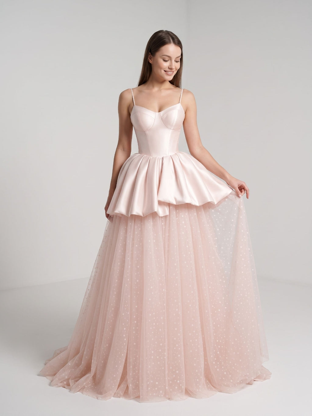 Blushing Pink Satin and Tulle A-Line Sweetheart Back Zip Floor-Length Dress