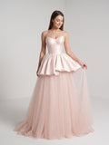 Blushing Pink Satin and Tulle A-Line Sweetheart Back Zip Floor-Length Dress