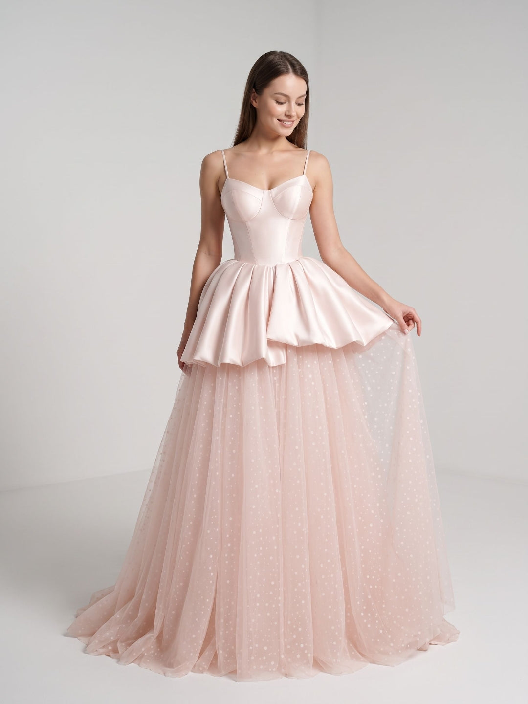 Blushing Pink Satin and Tulle A-Line Sweetheart Back Zip Floor-Length Dress