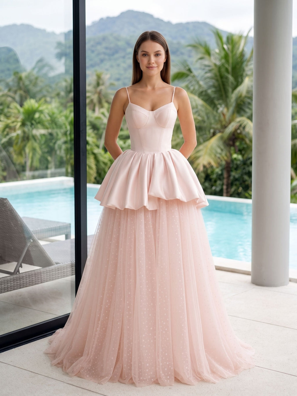 Blushing Pink Satin and Tulle A-Line Sweetheart Back Zip Floor-Length Dress
