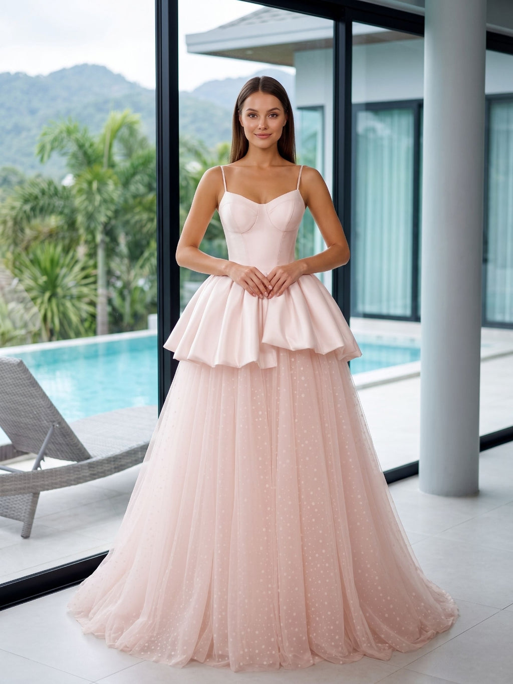 Blushing Pink Satin and Tulle A-Line Sweetheart Back Zip Floor-Length Dress