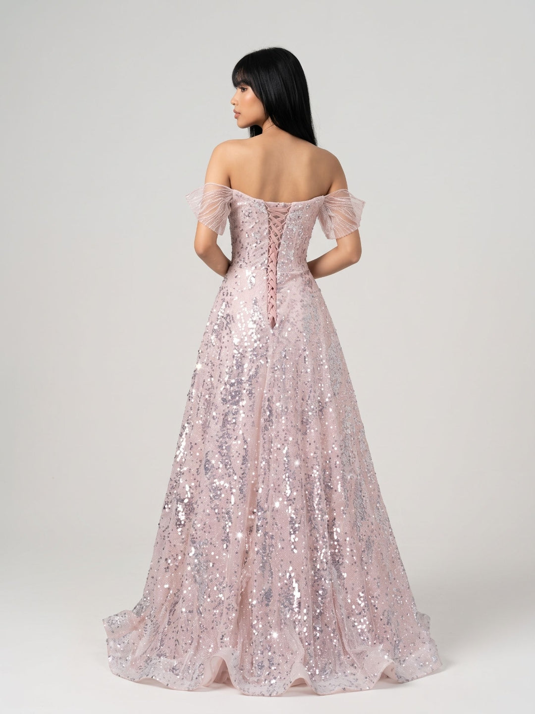 Blushing Pink Sequin A-Line Off-the-Shoulder Lace-up Floor-Length Dress