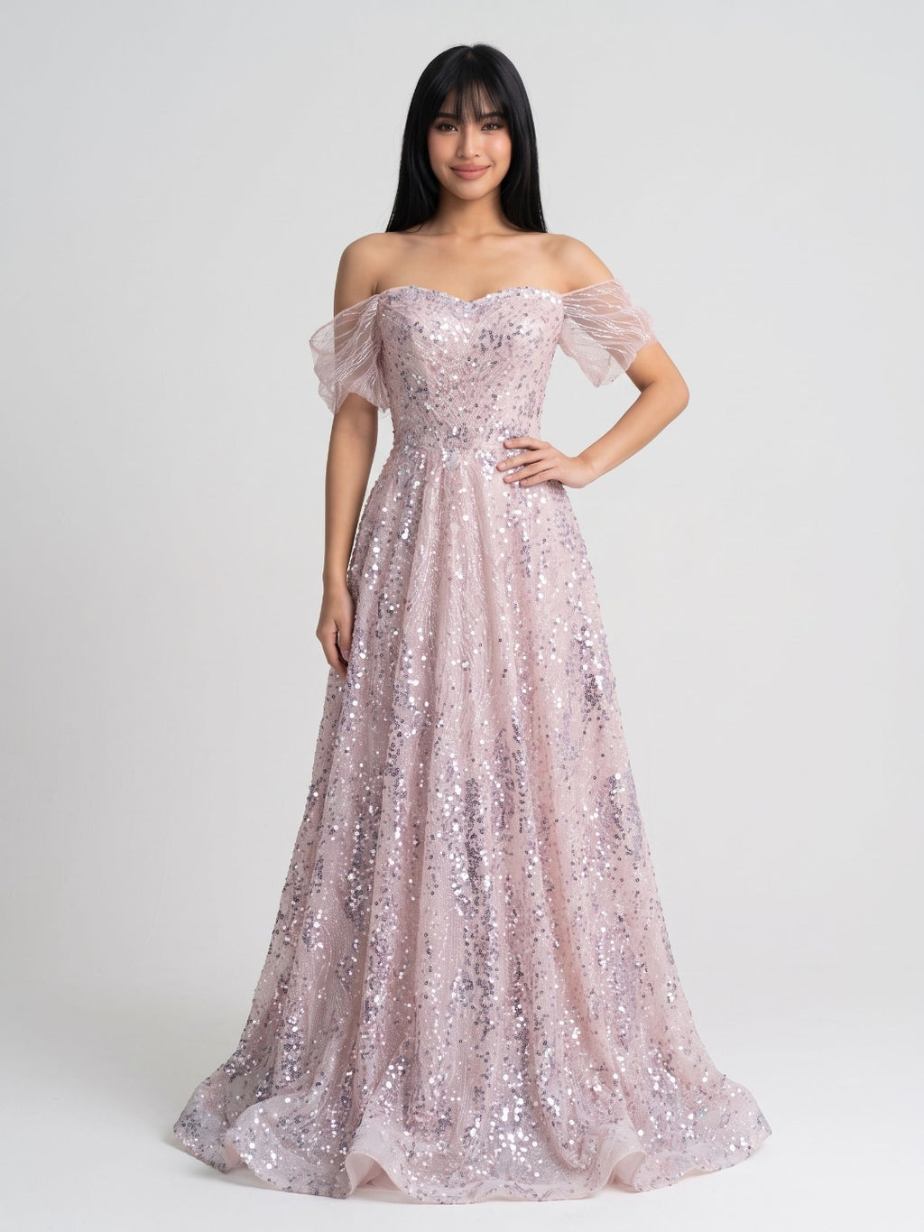Blushing Pink Sequin A-Line Off-the-Shoulder Lace-up Floor-Length Dress