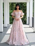 Blushing Pink Sequin A-Line Off-the-Shoulder Lace-up Floor-Length Dress