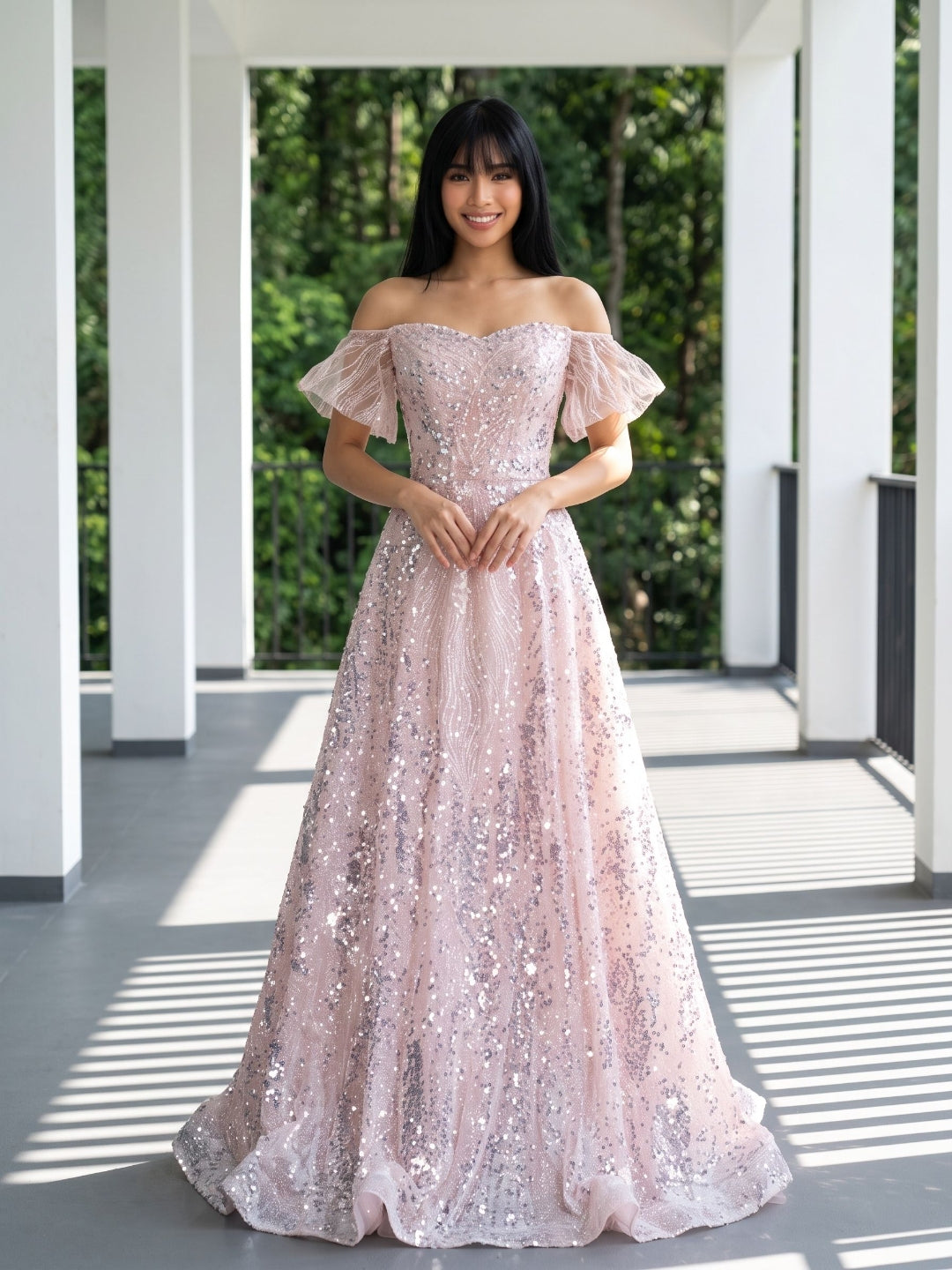 Blushing Pink Sequin A-Line Off-the-Shoulder Lace-up Floor-Length Dress