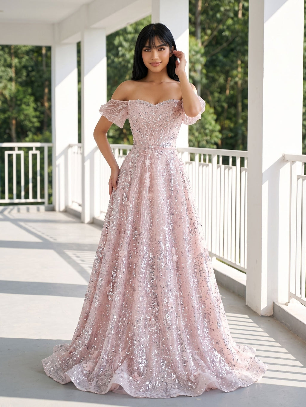 Blushing Pink Sequin A-Line Off-the-Shoulder Lace-up Floor-Length Dress