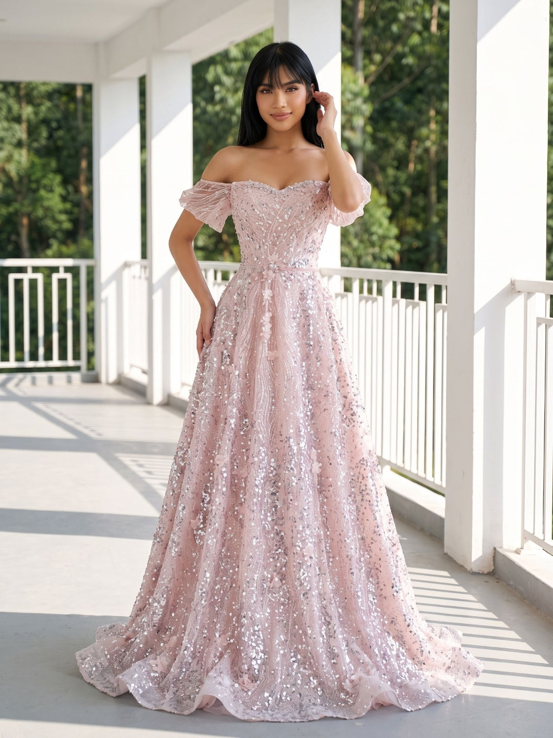 Blushing Pink Sequin A-Line Off-the-Shoulder Lace-up Floor-Length Dress