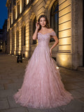 Blushing Pink Sequin Tulle A-Line Off-the-Shoulder Lace-up Floor-Length Dress
