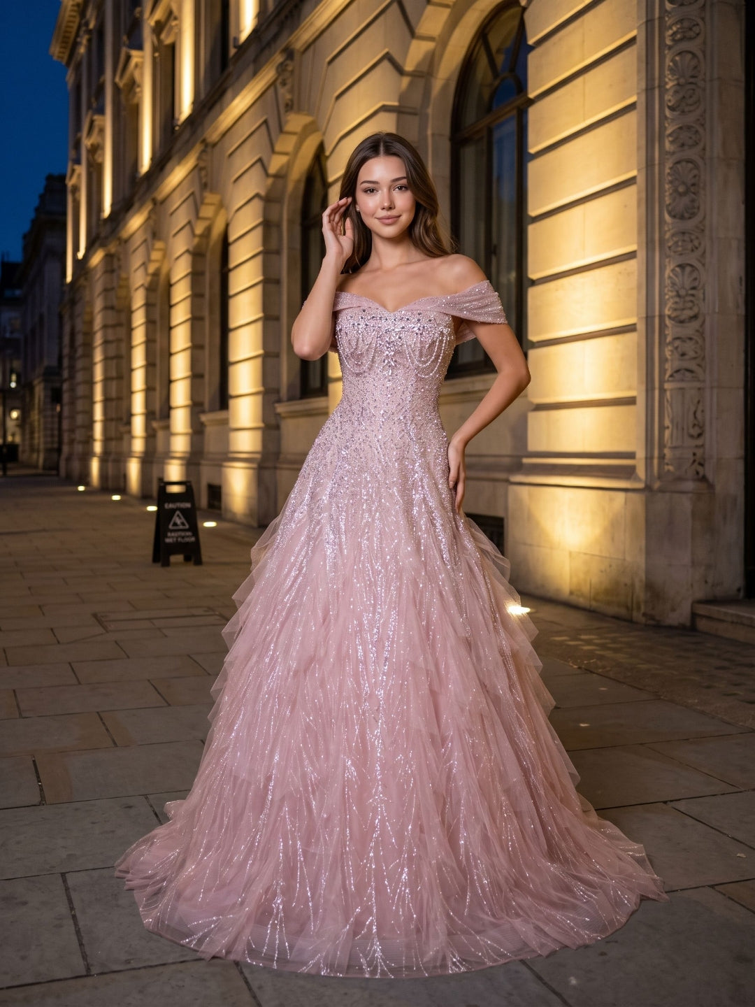 Blushing Pink Sequin Tulle A-Line Off-the-Shoulder Lace-up Floor-Length Dress