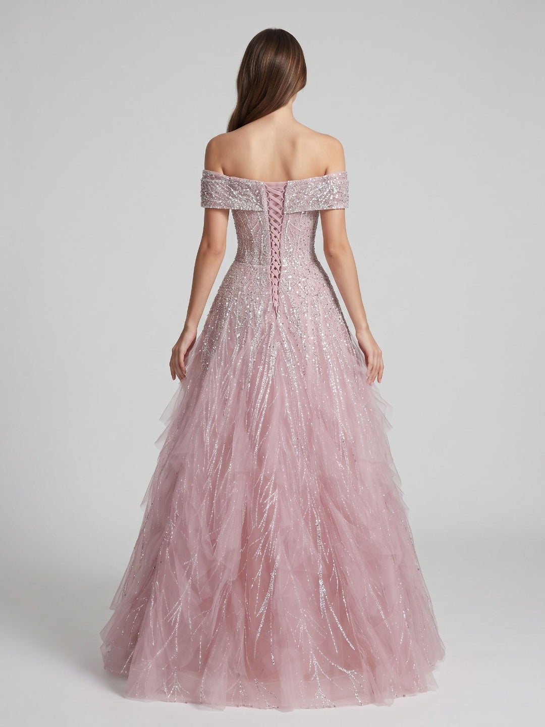 Blushing Pink Sequin Tulle A-Line Off-the-Shoulder Lace-up Floor-Length Dress
