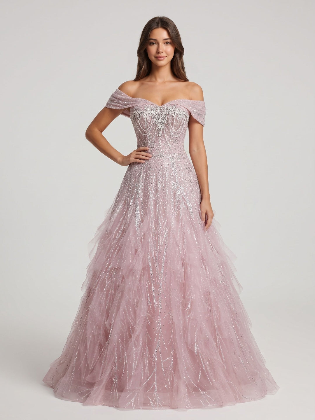 Blushing Pink Sequin Tulle A-Line Off-the-Shoulder Lace-up Floor-Length Dress