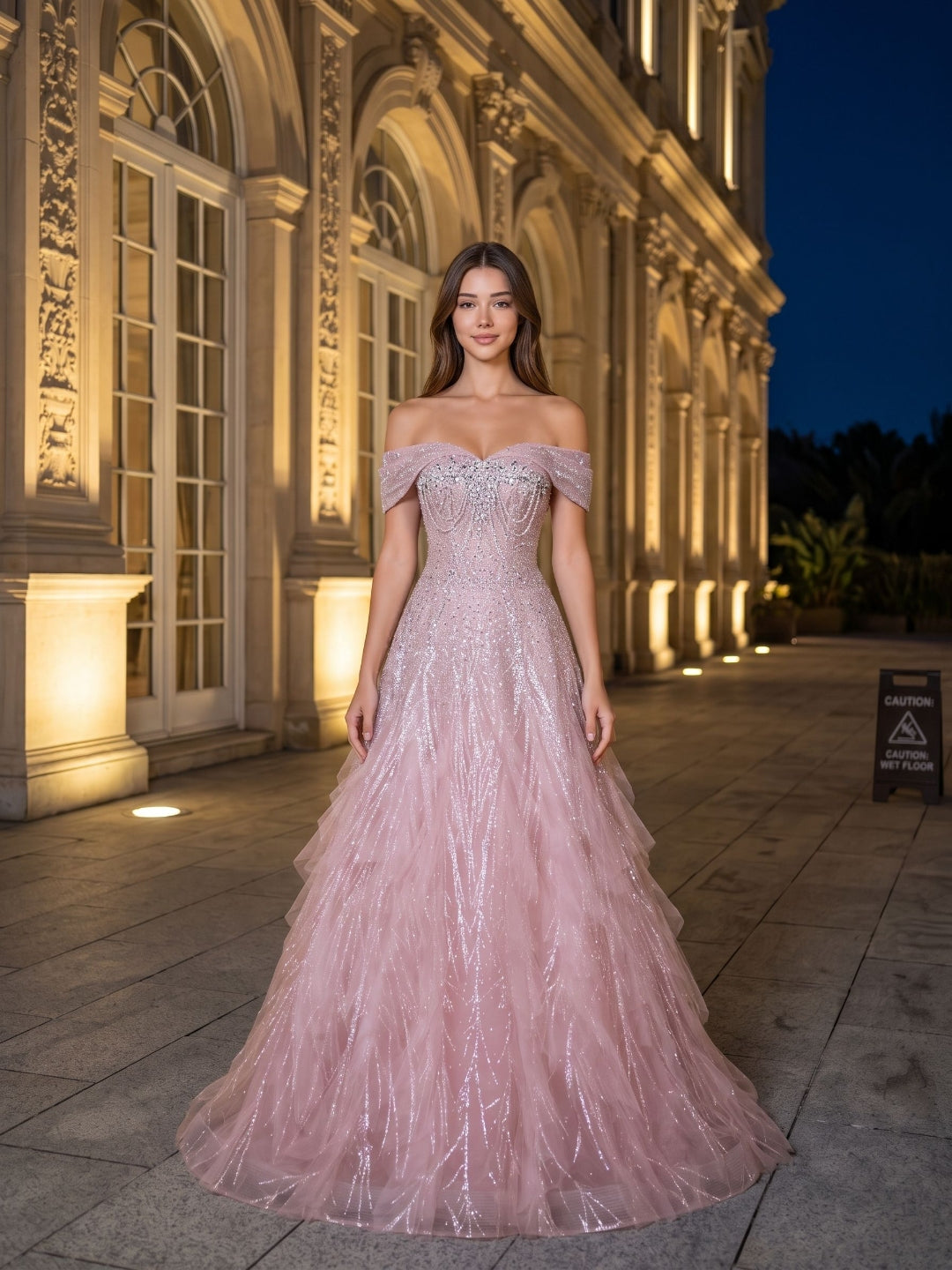 Blushing Pink Sequin Tulle A-Line Off-the-Shoulder Lace-up Floor-Length Dress