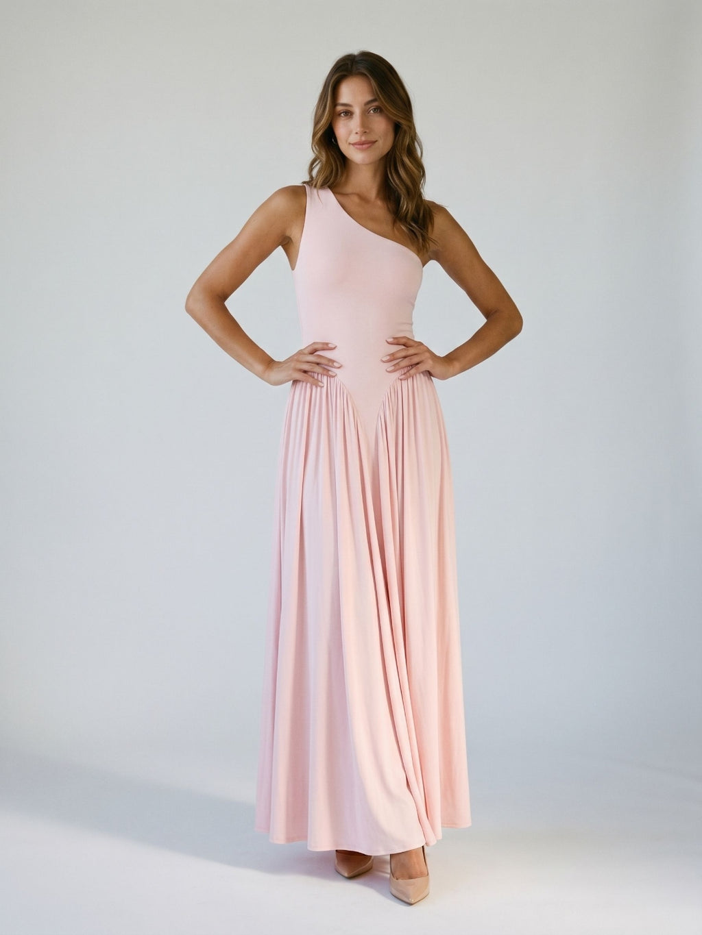 Blushing Pink Stretch Knit A-Line One Shoulder Floor-Length Formal Dress with Pleating