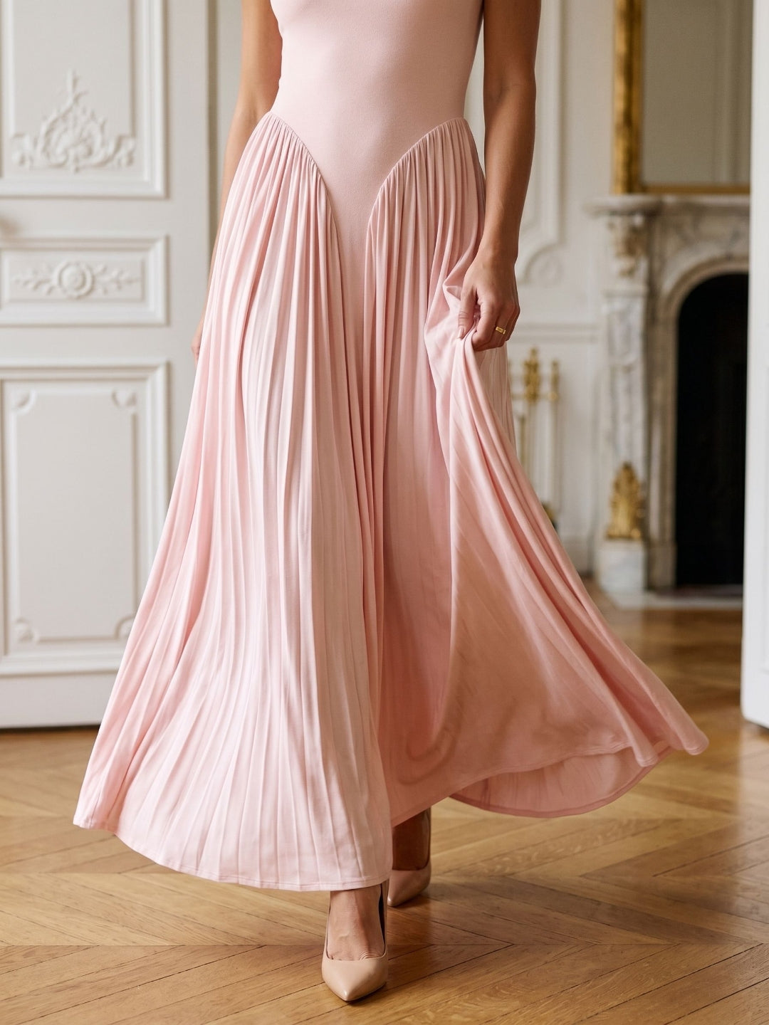 Blushing Pink Stretch Knit A-Line One Shoulder Floor-Length Formal Dress with Pleating