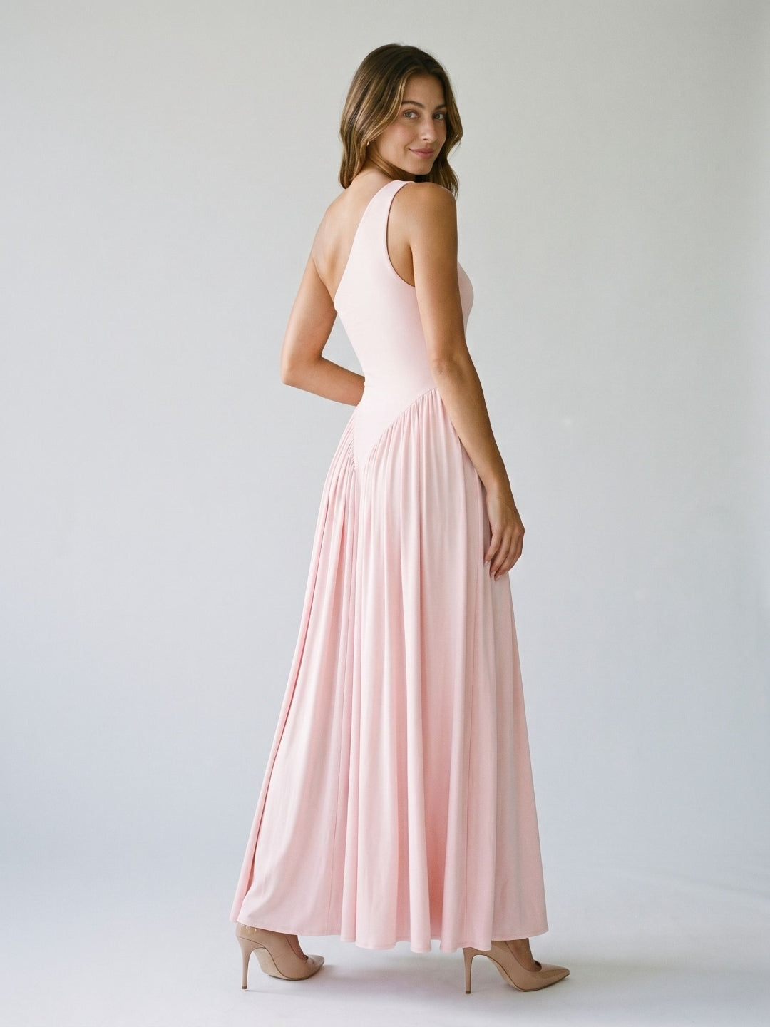 Blushing Pink Stretch Knit A-Line One Shoulder Floor-Length Formal Dress with Pleating