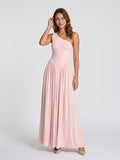 Blushing Pink Stretch Knit A-Line One Shoulder Floor-Length Formal Dress with Pleating