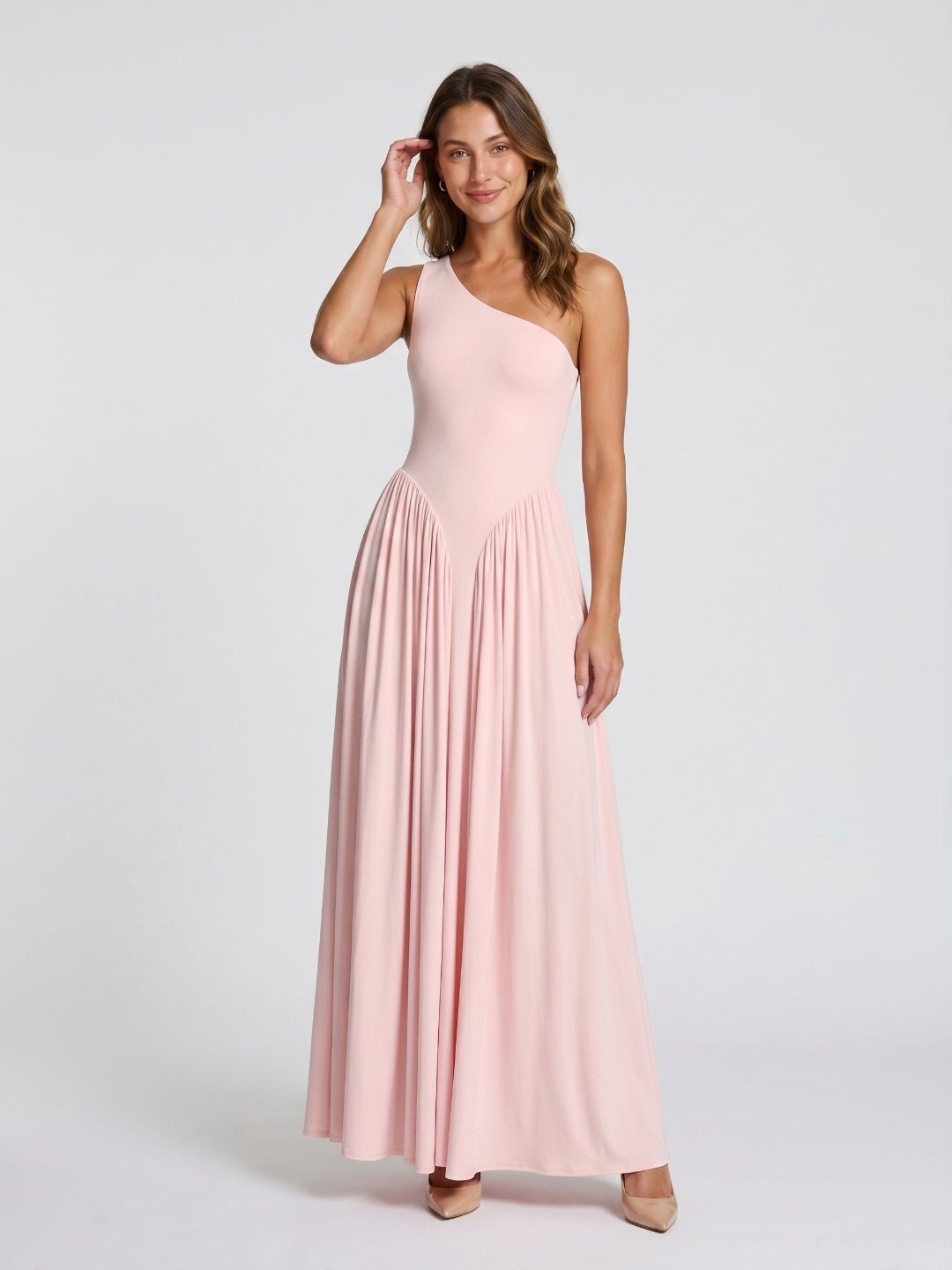 Blushing Pink Stretch Knit A-Line One Shoulder Floor-Length Formal Dress with Pleating