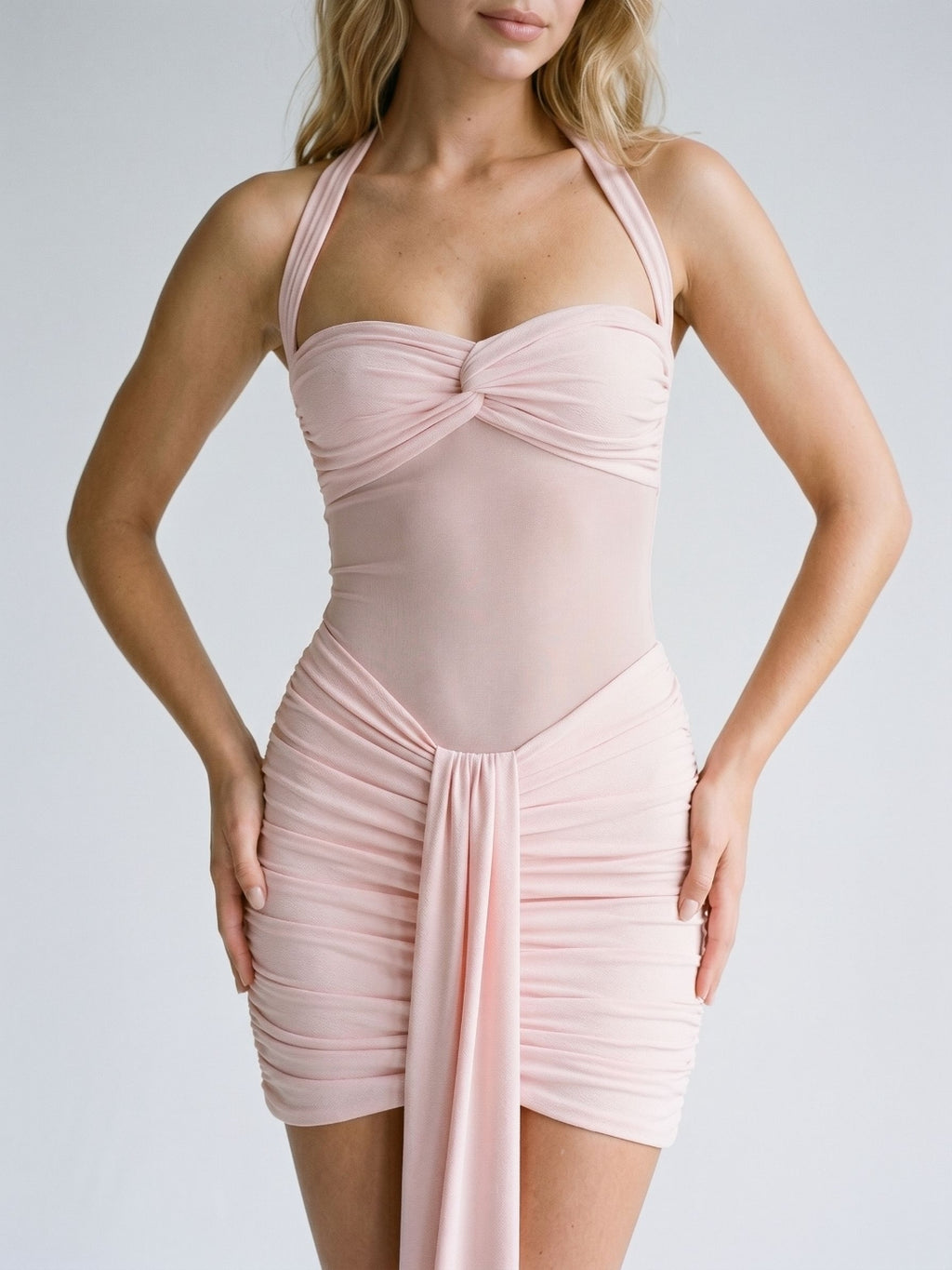 Blushing Pink Stretch Knit Sheath Halter Illusion Back Short Dress with Pleating
