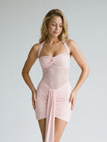 Blushing Pink Stretch Knit Sheath Halter Illusion Back Short Dress with Pleating