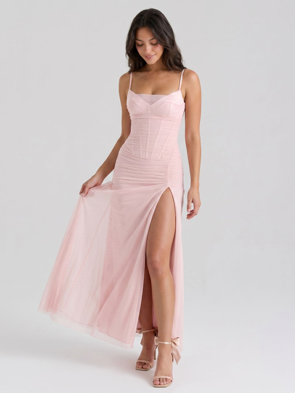 Blushing Pink Stretch Knit Sheath V-Neck Back Zip Ankle-Length Dress