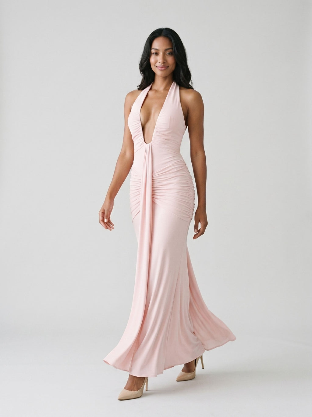 Blushing Pink Stretch Knit Sheath V-Neck Backless Floor-Length Formal Dress with Bow