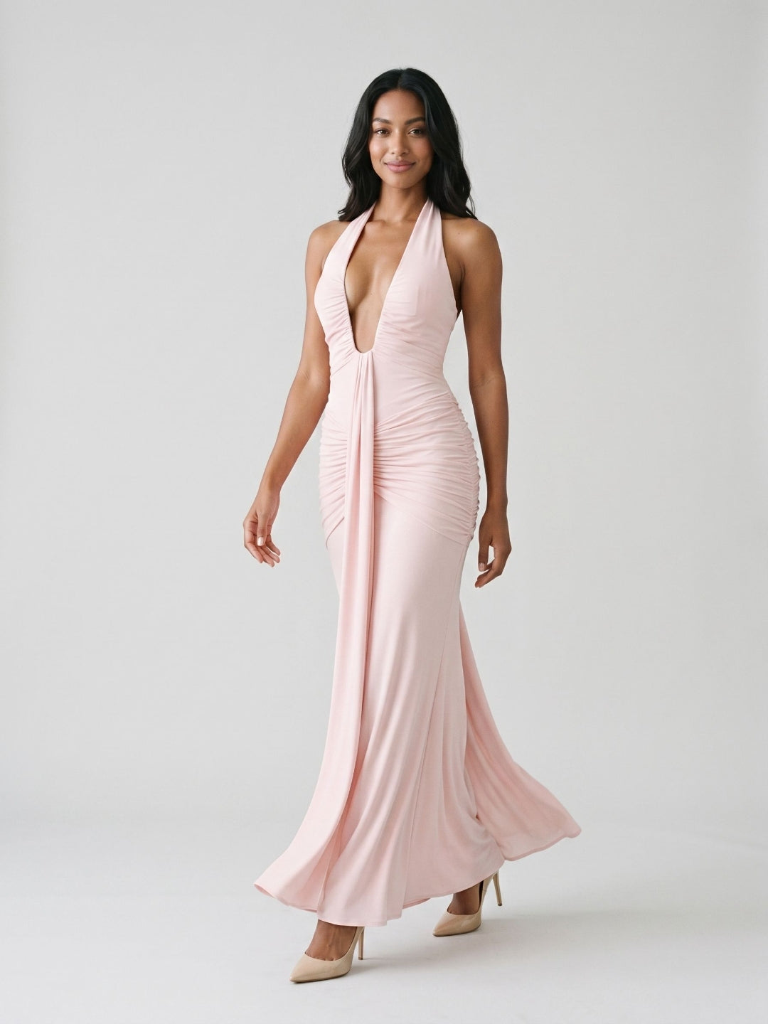 Blushing Pink Stretch Knit Sheath V-Neck Backless Floor-Length Formal Dress with Bow