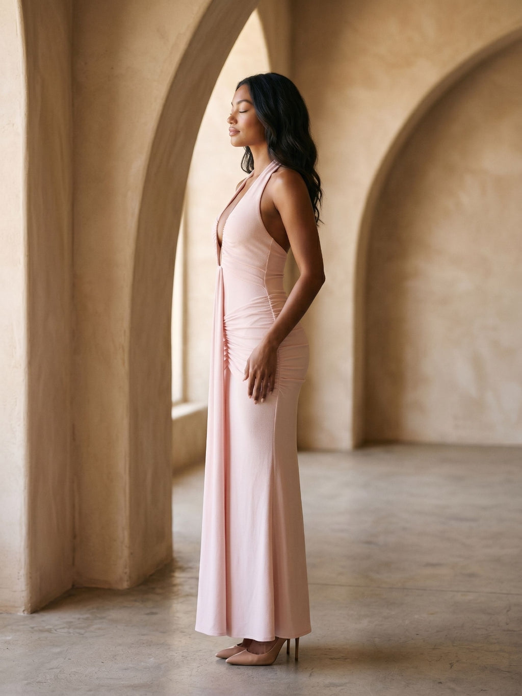 Blushing Pink Stretch Knit Sheath V-Neck Backless Floor-Length Formal Dress with Bow
