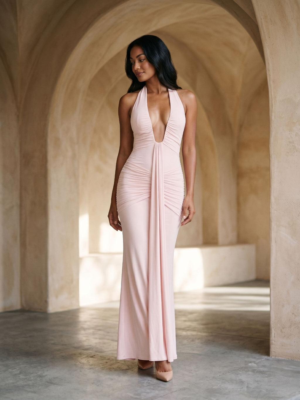 Blushing Pink Stretch Knit Sheath V-Neck Backless Floor-Length Formal Dress with Bow