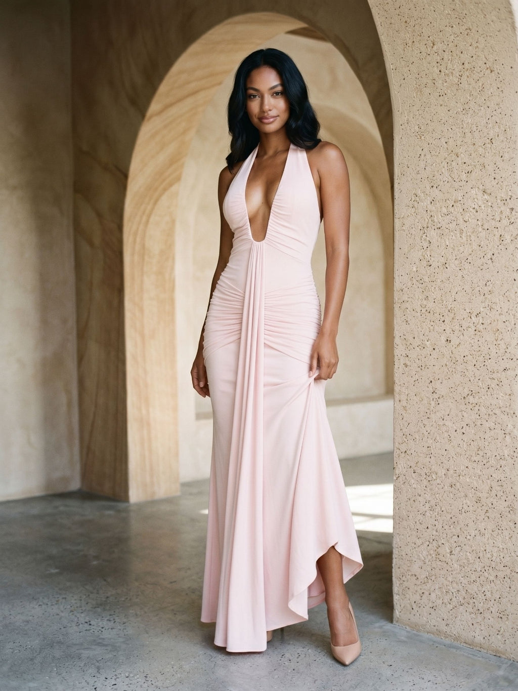 Blushing Pink Stretch Knit Sheath V-Neck Backless Floor-Length Formal Dress with Bow