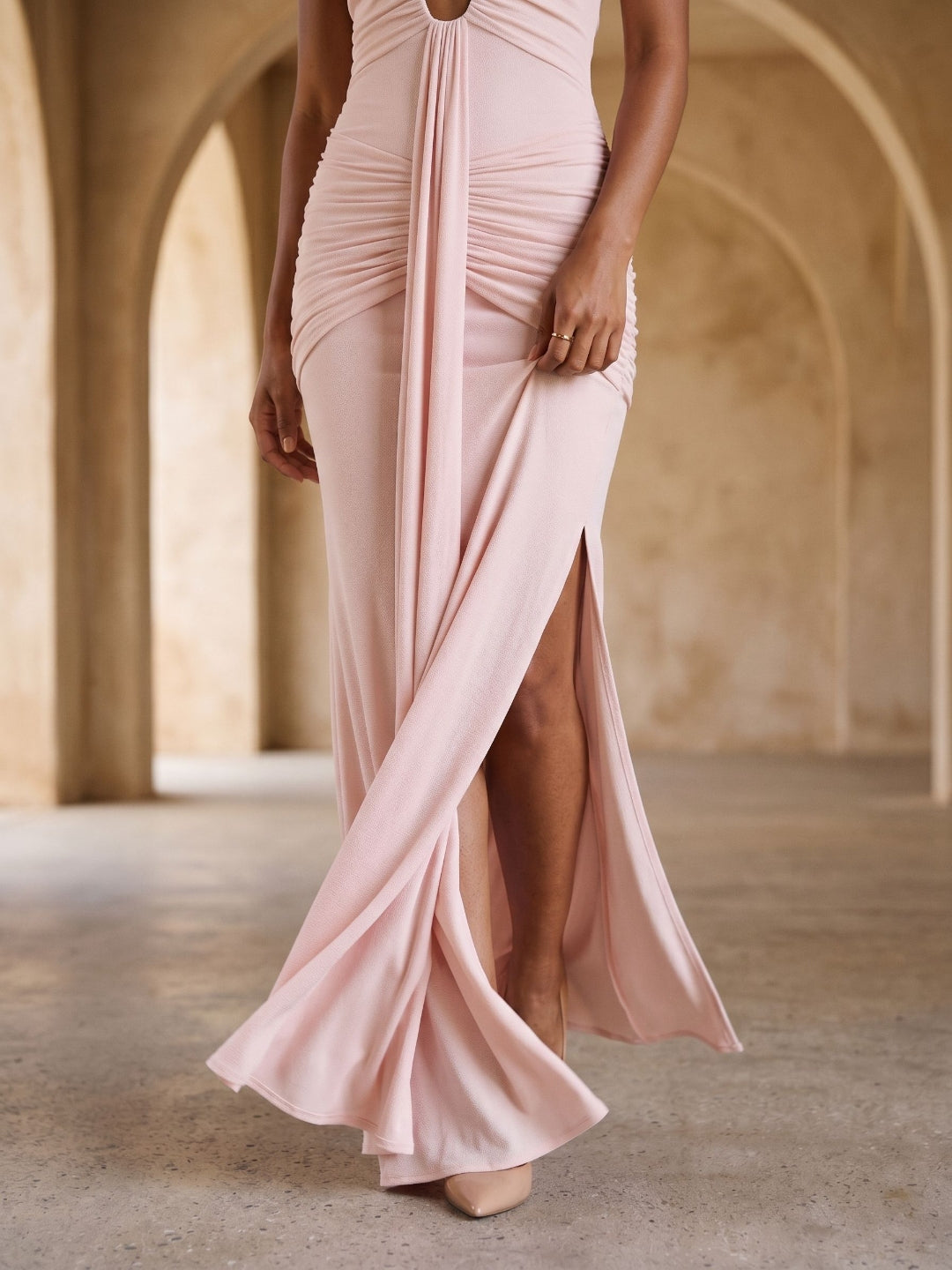 Blushing Pink Stretch Knit Sheath V-Neck Backless Floor-Length Formal Dress with Bow