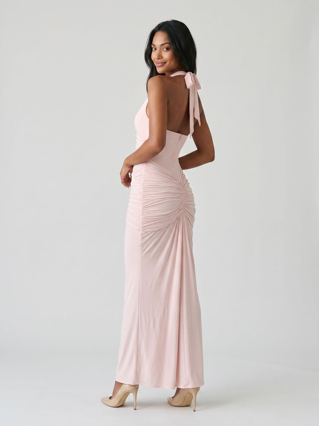 Blushing Pink Stretch Knit Sheath V-Neck Backless Floor-Length Formal Dress with Bow
