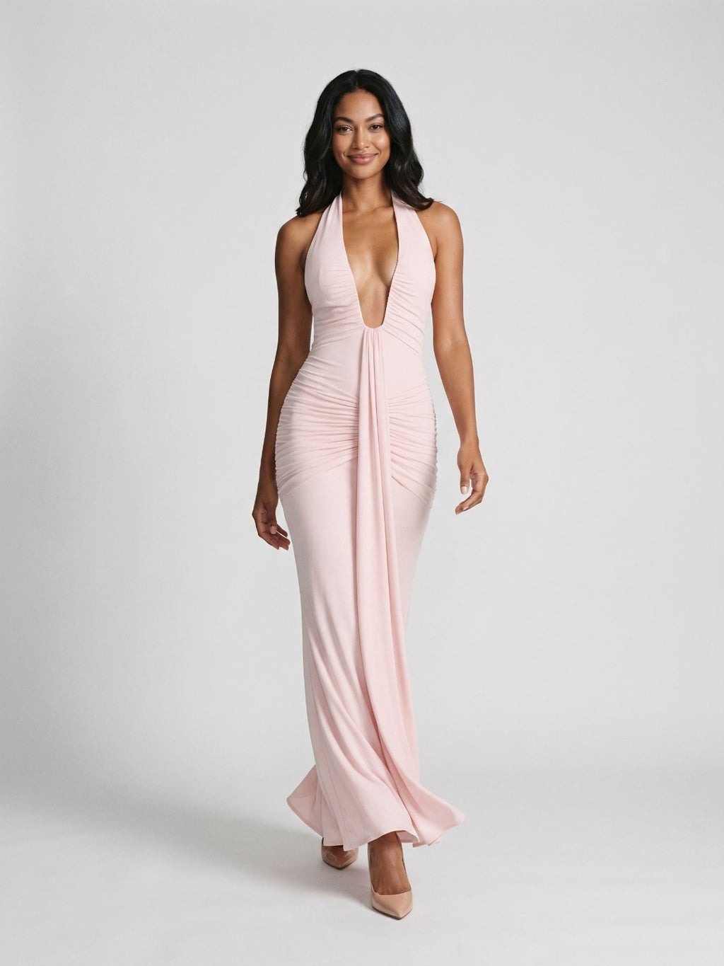 Blushing Pink Stretch Knit Sheath V-Neck Backless Floor-Length Formal Dress with Bow