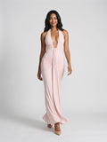 Blushing Pink Stretch Knit Sheath V-Neck Backless Floor-Length Formal Dress with Bow