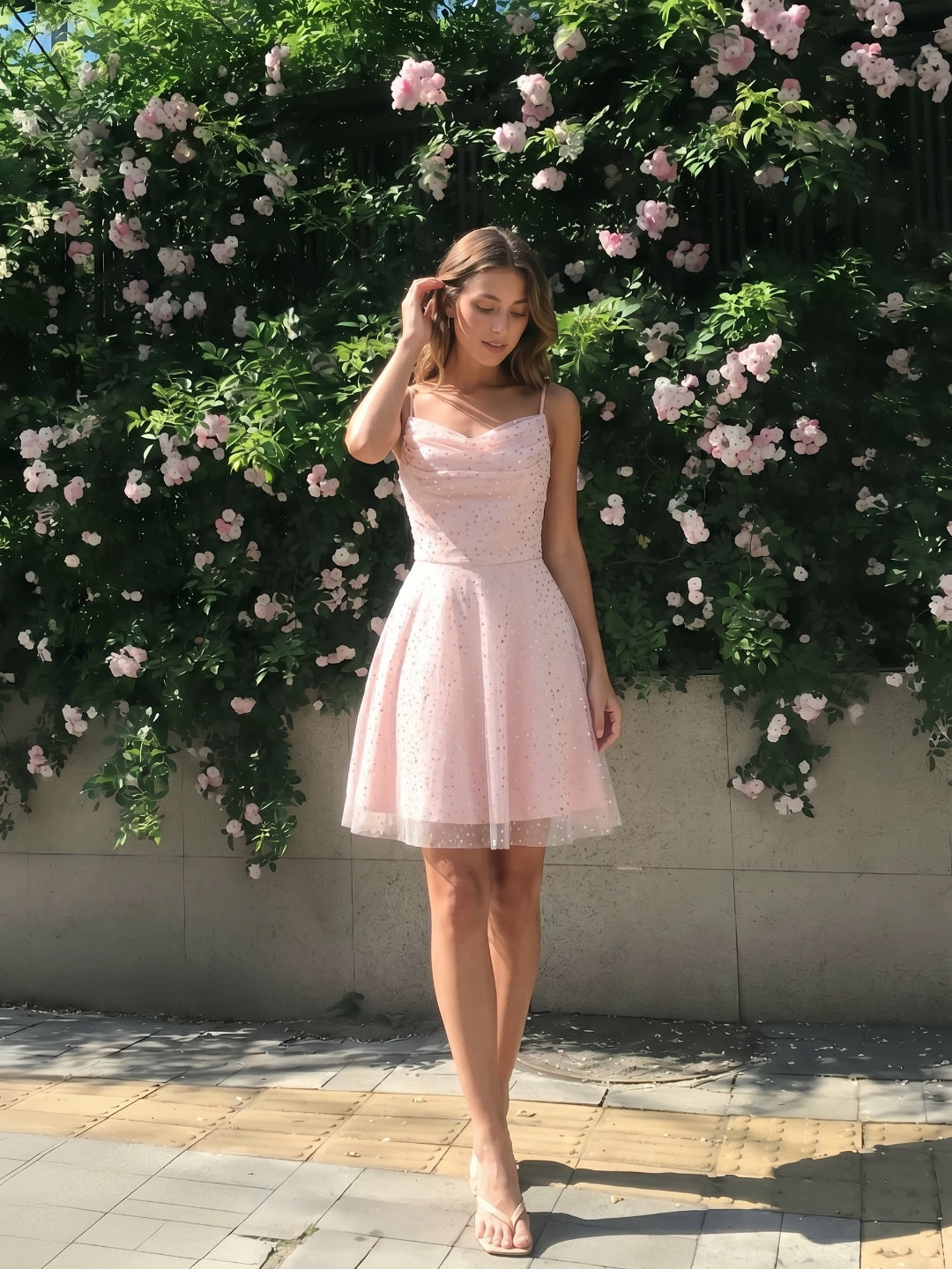 Blushing Pink Tulle A-Line Cowl Neck Back Zip Short Homecoming Dress with Sequins