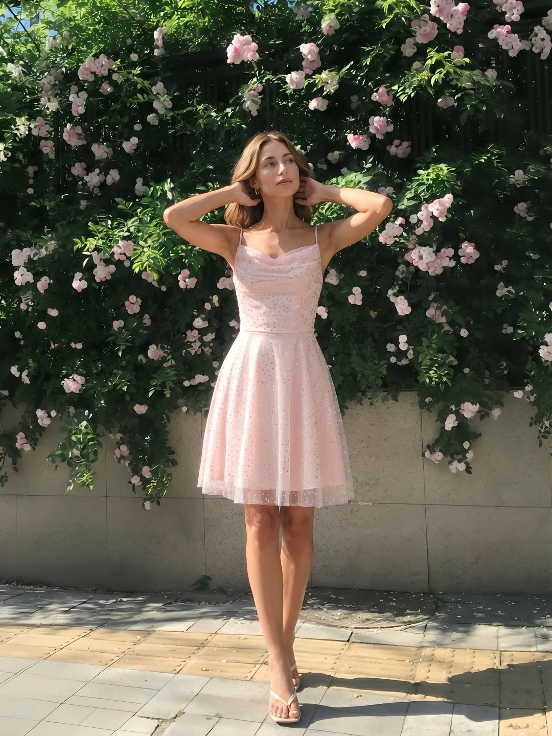 Blushing Pink Tulle A-Line Cowl Neck Back Zip Short Homecoming Dress with Sequins