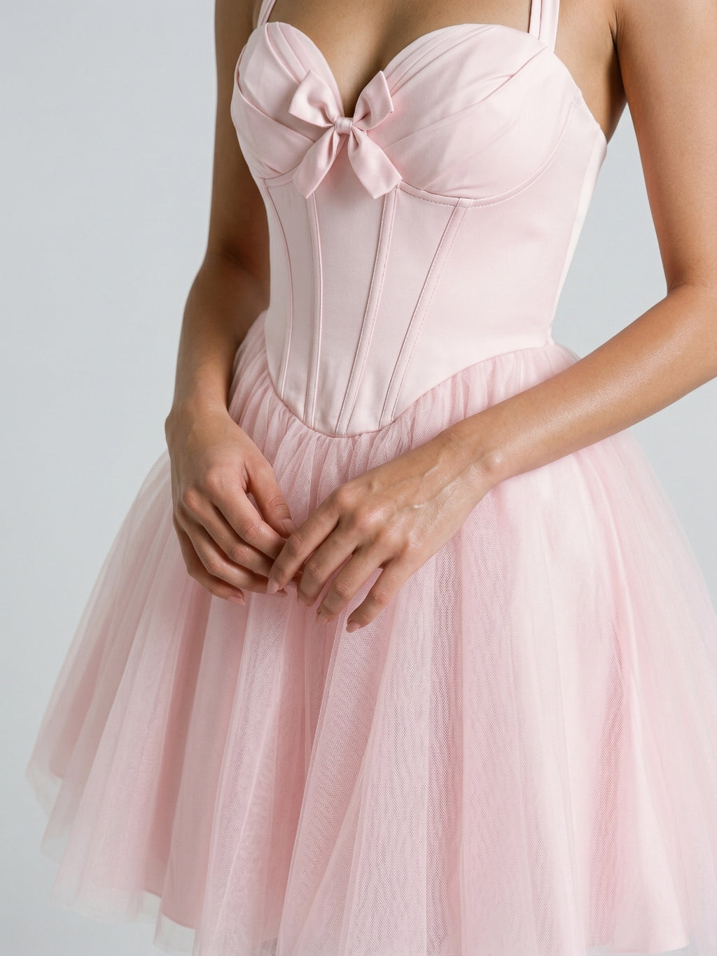 Blushing Pink Tulle A-Line Halter Criss-Cross Short Homecoming Dress with Bow