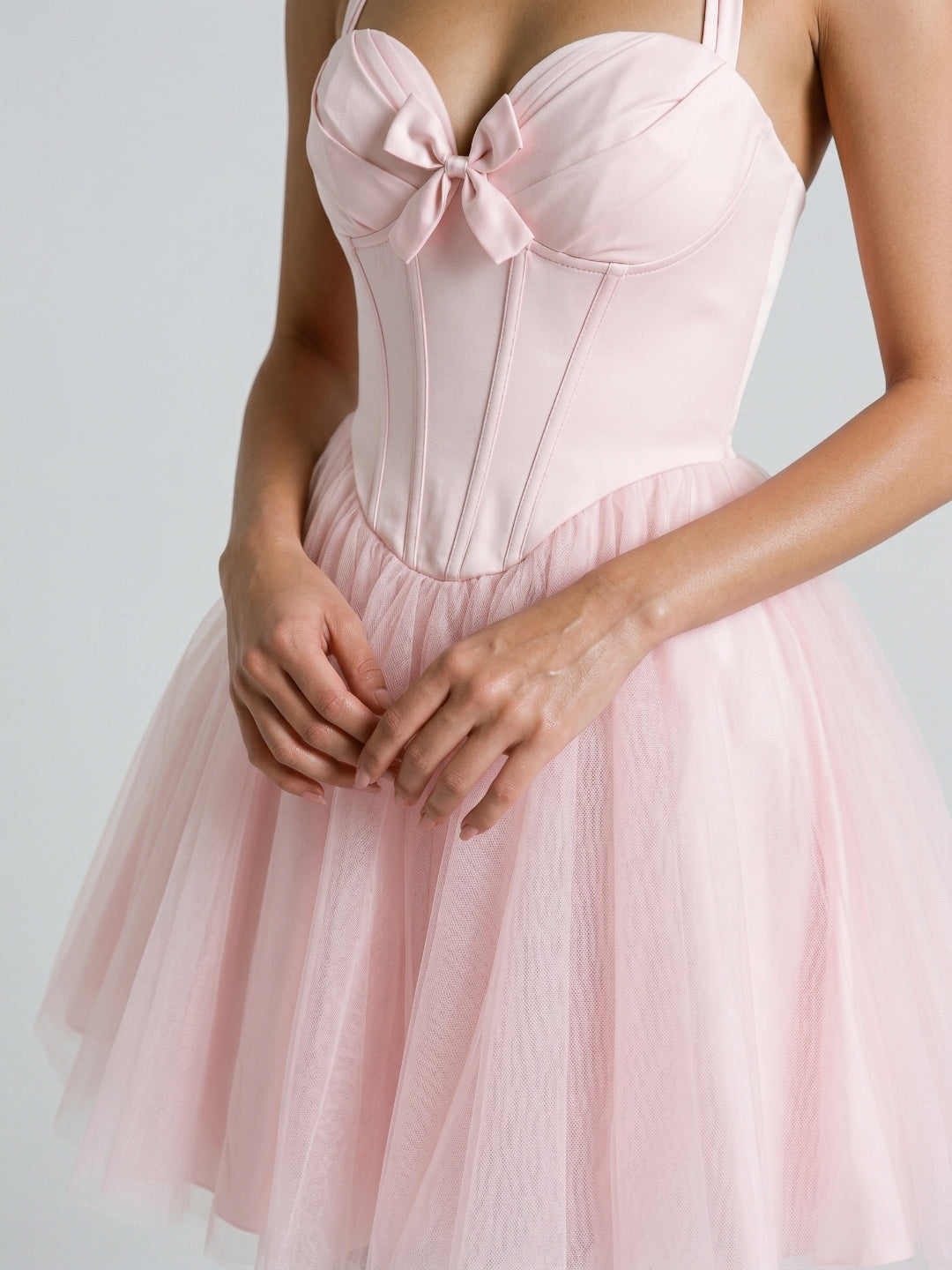 Blushing Pink Tulle A-Line Halter Criss-Cross Short Homecoming Dress with Bow