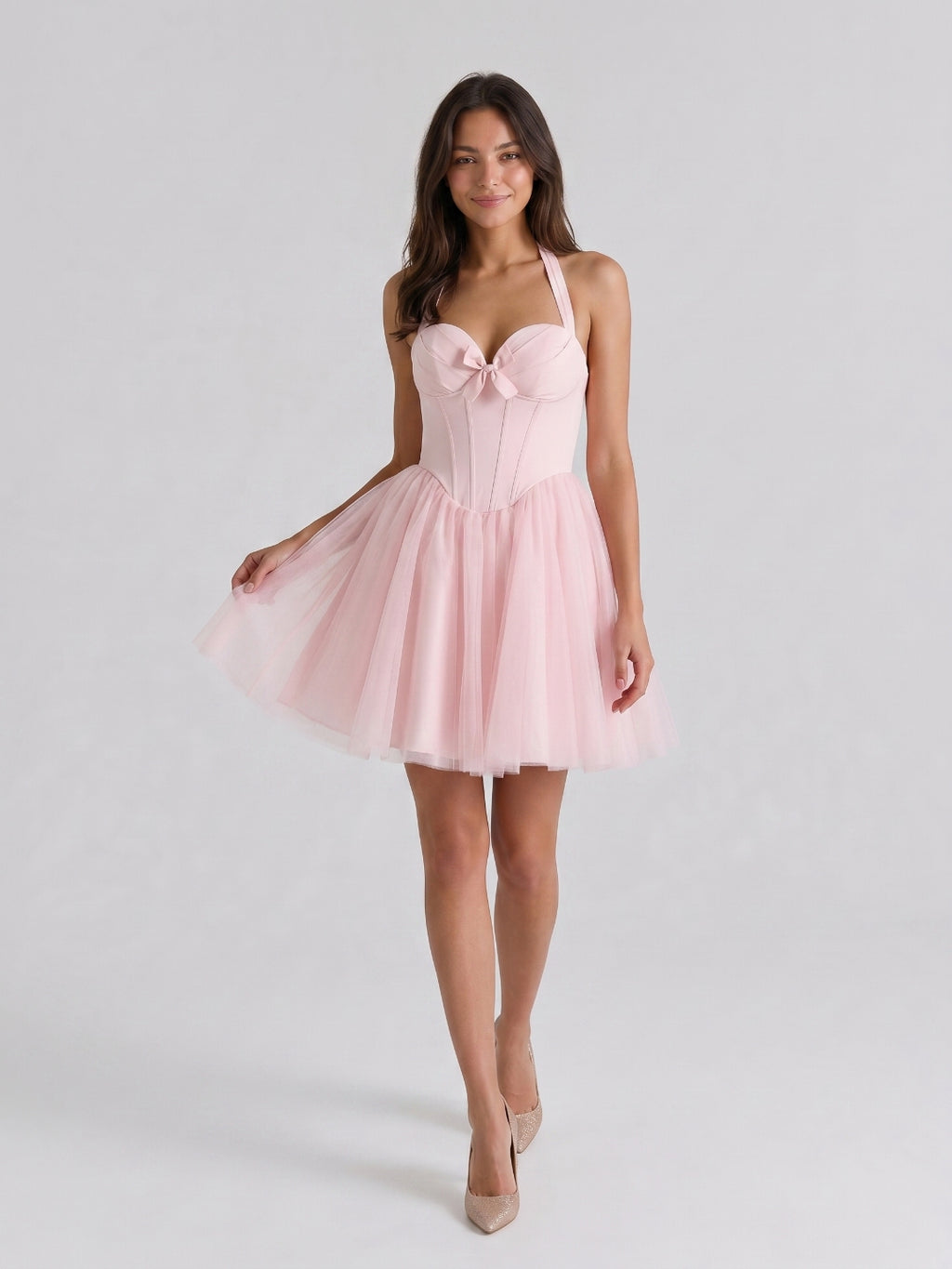Blushing Pink Tulle A-Line Halter Criss-Cross Short Homecoming Dress with Bow