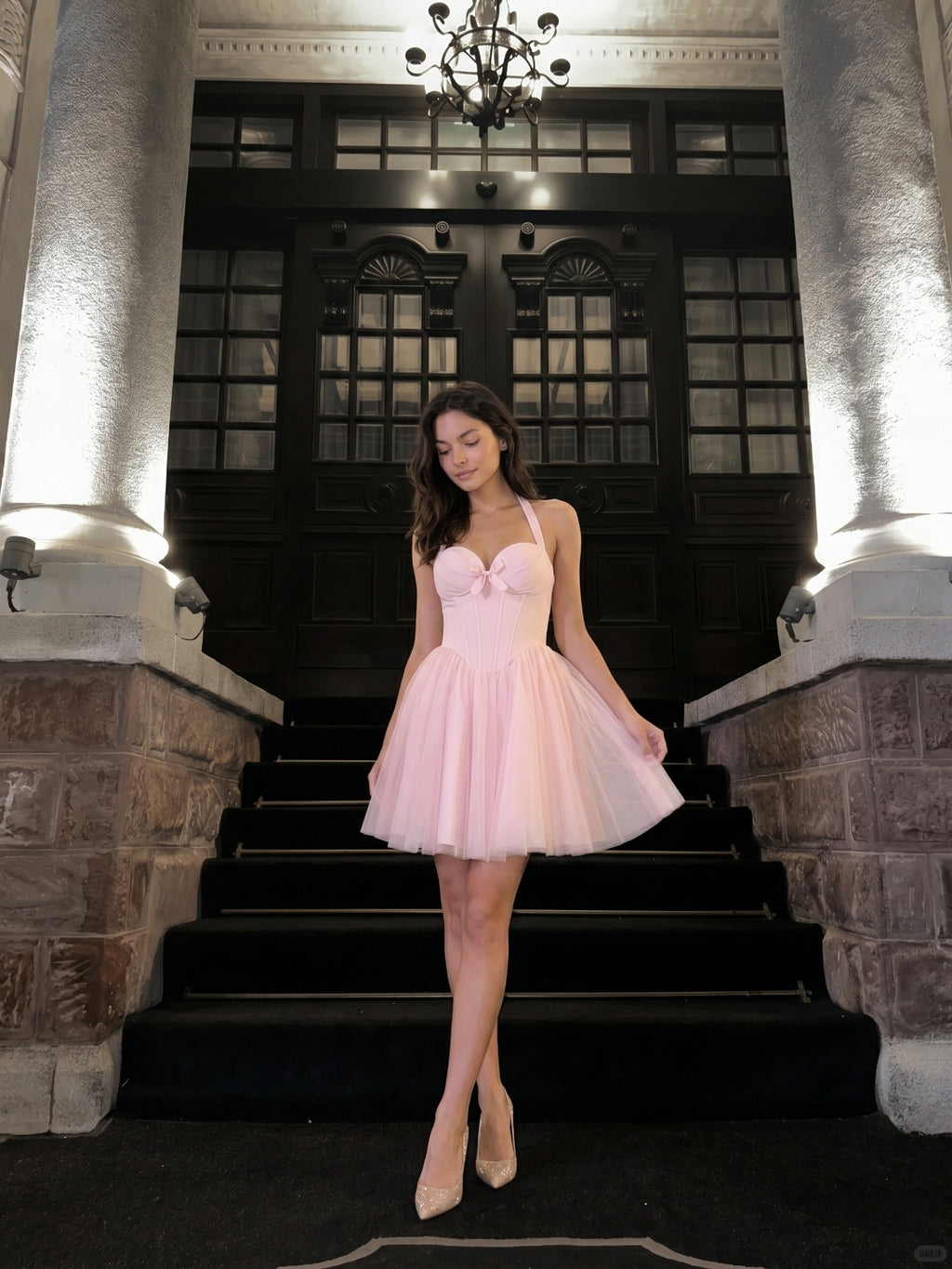 Blushing Pink Tulle A-Line Halter Criss-Cross Short Homecoming Dress with Bow