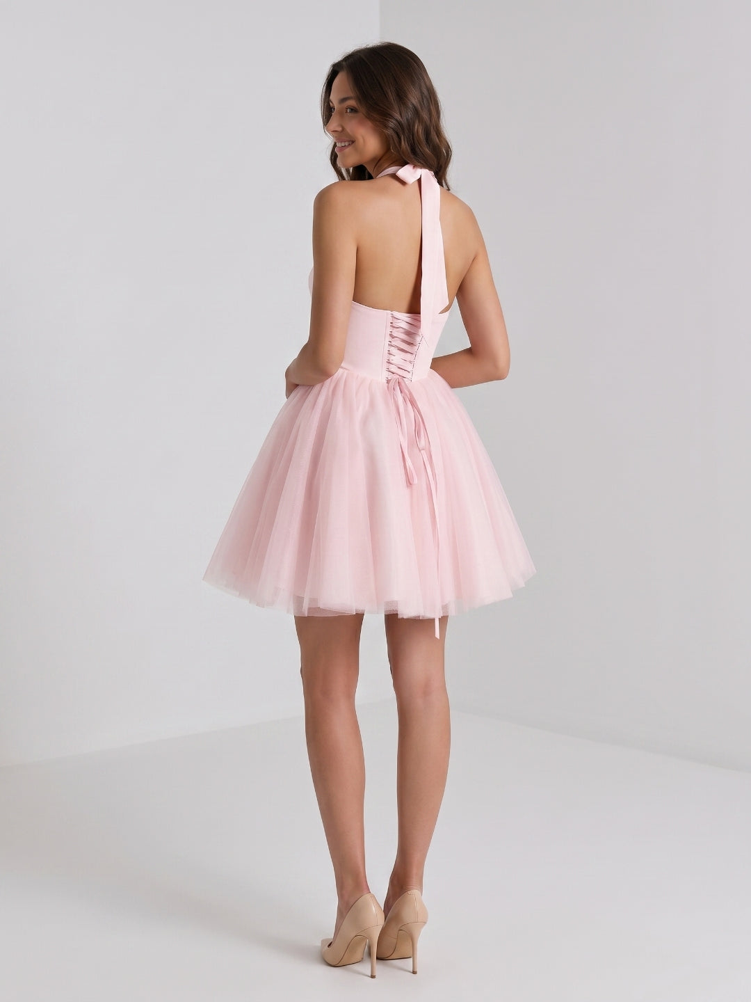 Blushing Pink Tulle A-Line Halter Criss-Cross Short Homecoming Dress with Bow