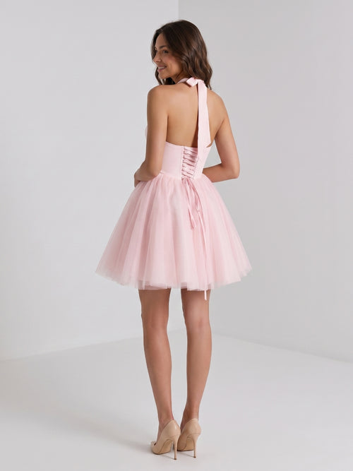 Blushing Pink Tulle A-Line Halter Criss-Cross Short Homecoming Dress with Bow