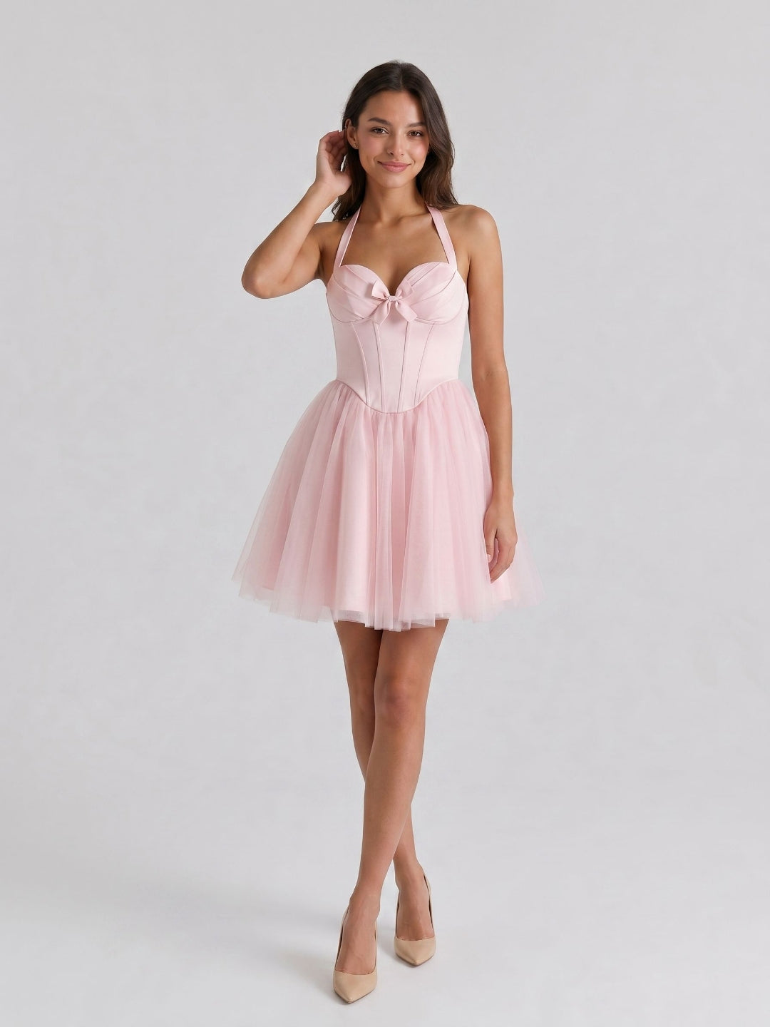 Blushing Pink Tulle A-Line Halter Criss-Cross Short Homecoming Dress with Bow