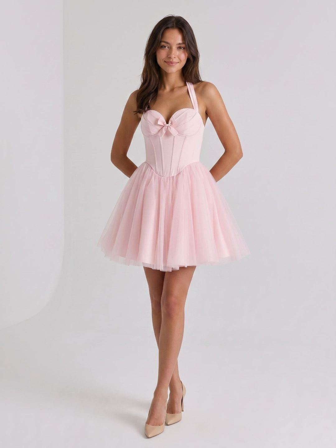 Blushing Pink Tulle A-Line Halter Criss-Cross Short Homecoming Dress with Bow