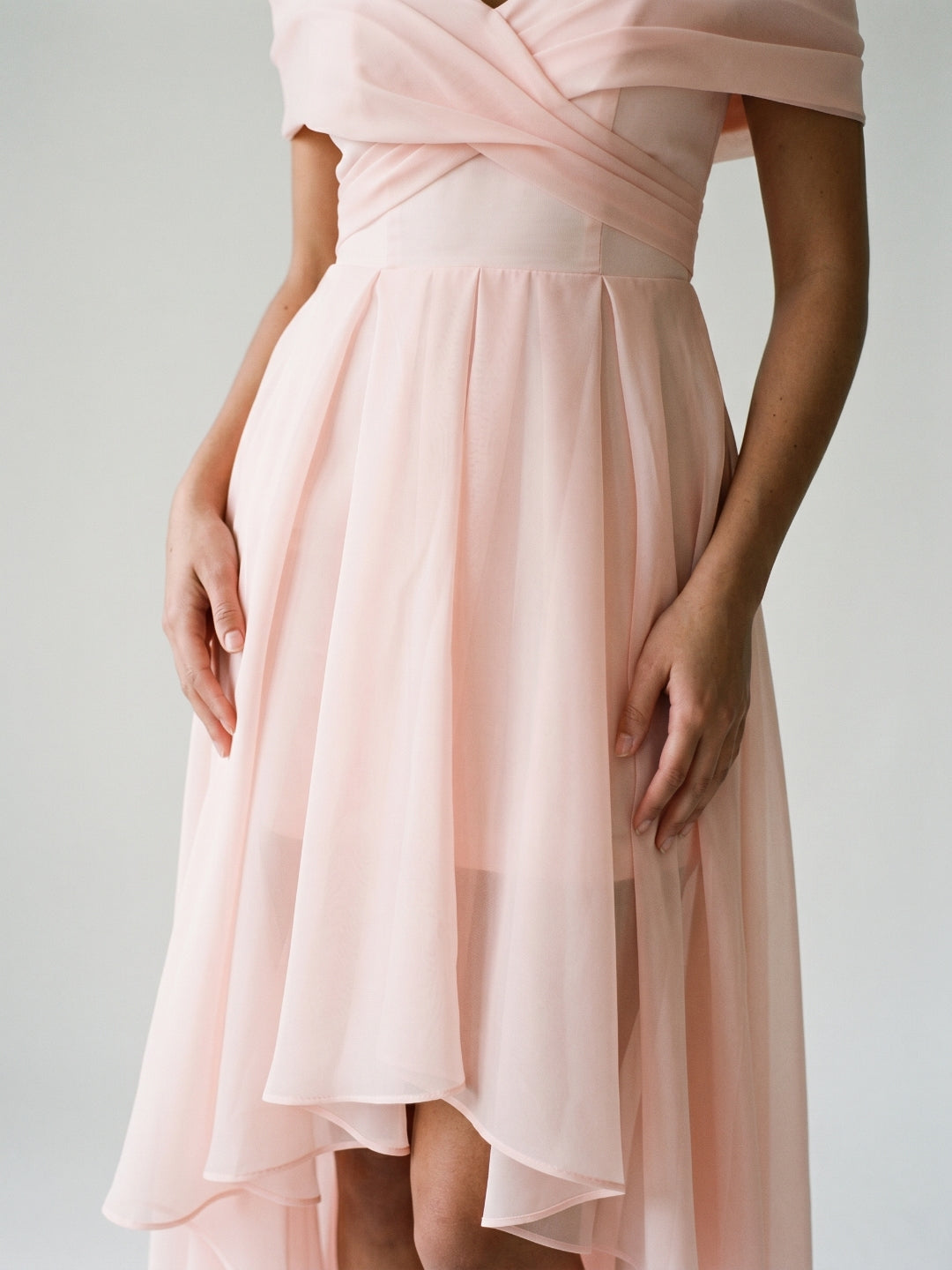 Blushing Pink Tulle A-Line Off-Shoulder Backless Asymmetrical Homecoming Dress with Pleating