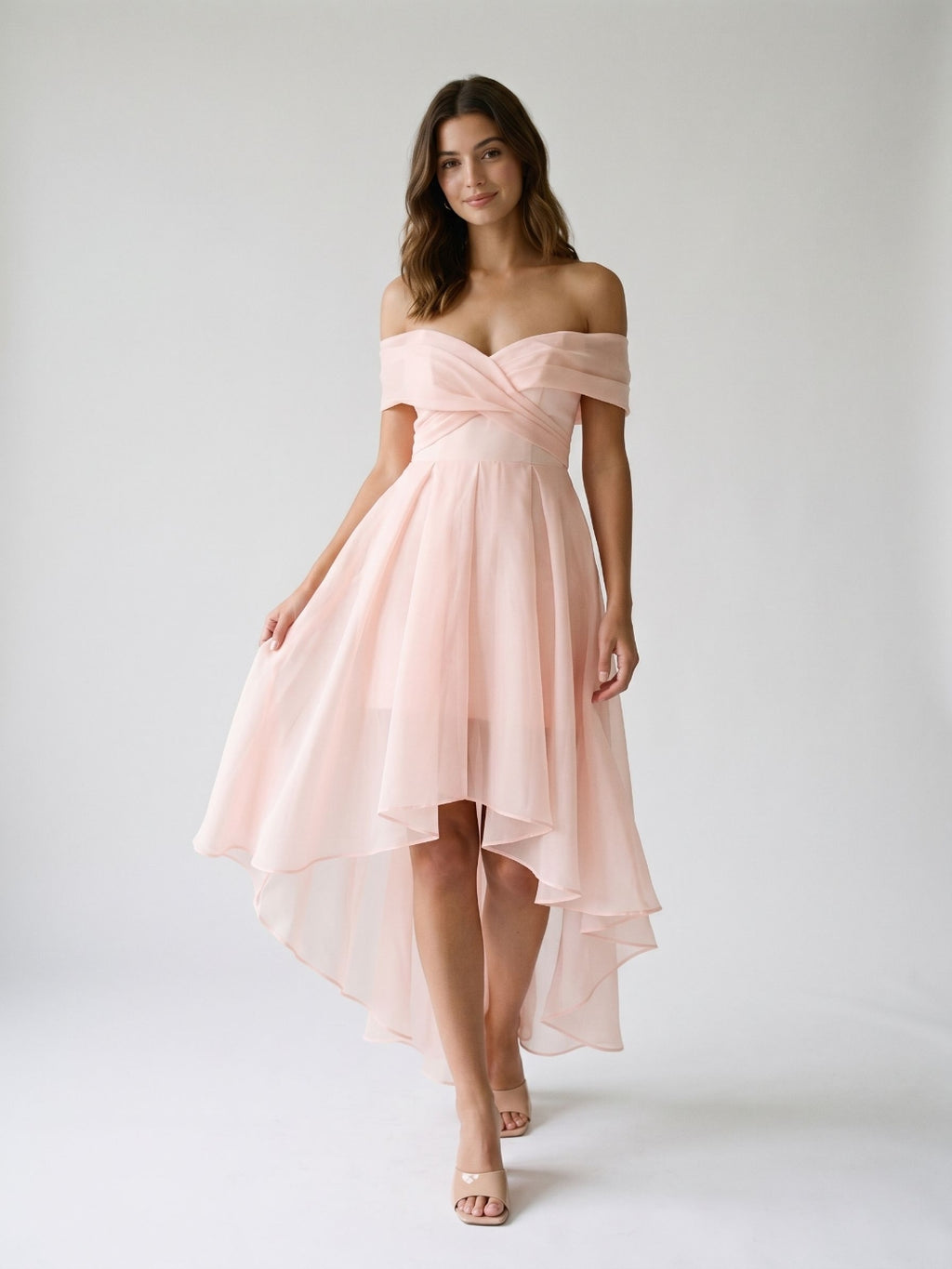 Blushing Pink Tulle A-Line Off-Shoulder Backless Asymmetrical Homecoming Dress with Pleating