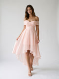 Blushing Pink Tulle A-Line Off-Shoulder Backless Asymmetrical Homecoming Dress with Pleating