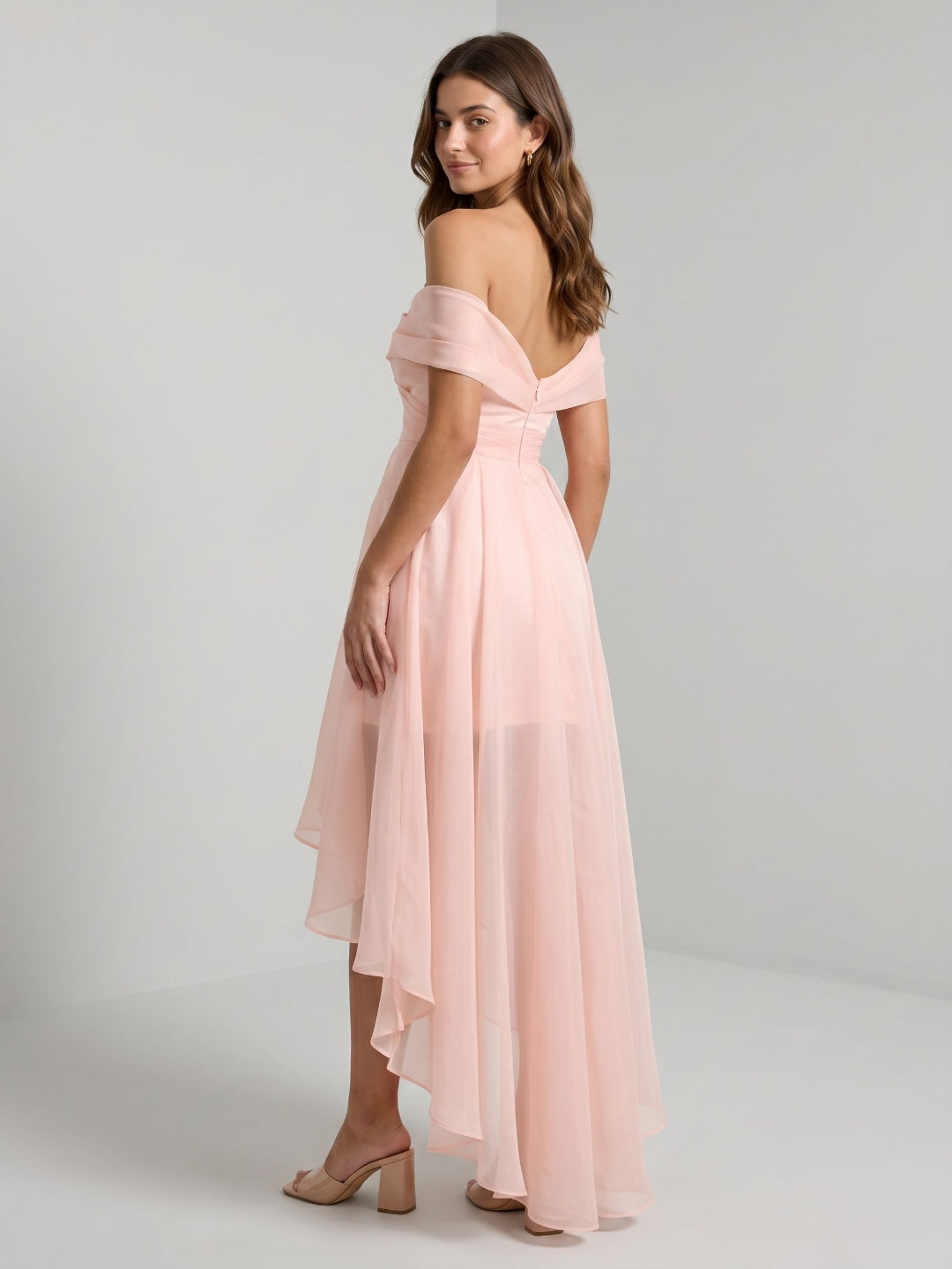 Blushing Pink Tulle A-Line Off-Shoulder Backless Asymmetrical Homecoming Dress with Pleating