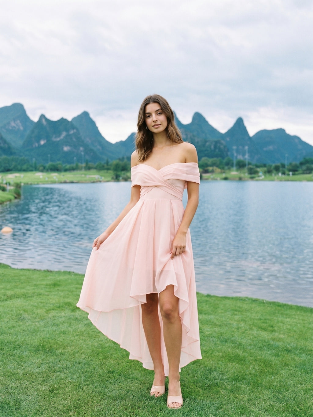 Blushing Pink Tulle A-Line Off-Shoulder Backless Asymmetrical Homecoming Dress with Pleating